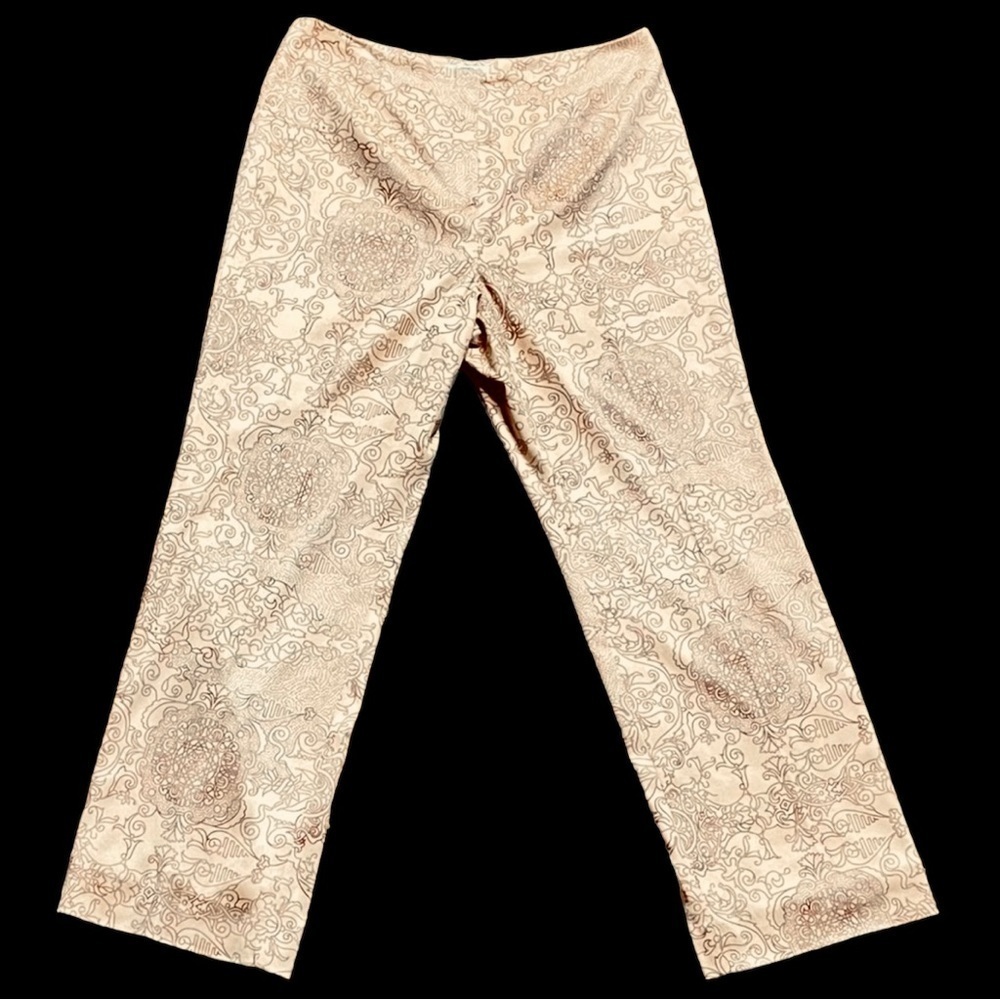 Talbots Women’s Yellow Geometric Filagree Print Stretch Pants Large Wide Leg